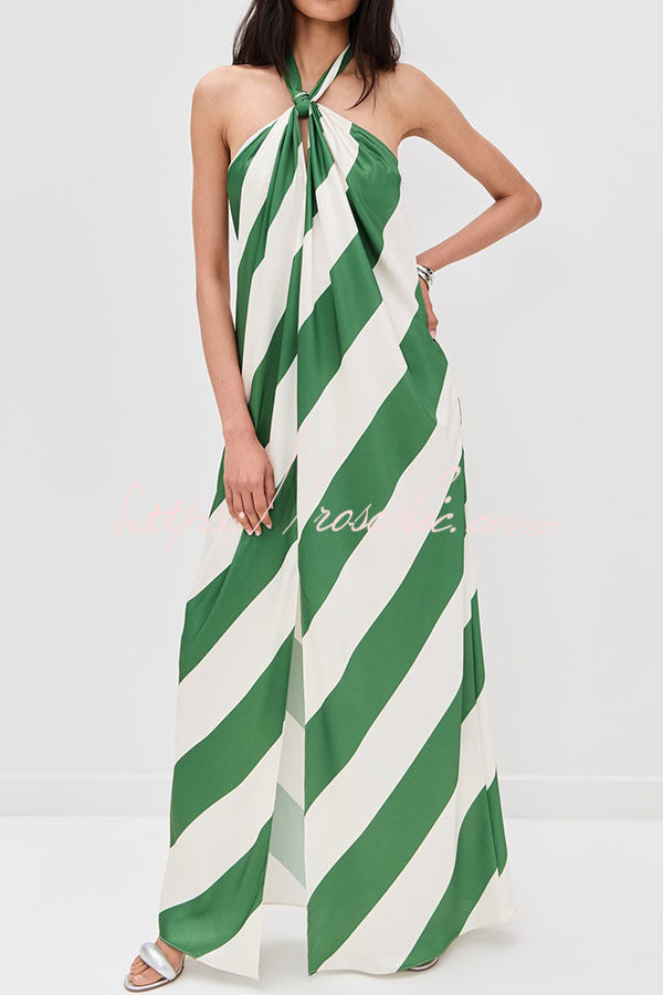 Most Dreamy Stripe Print Halter Tie-up Backless Pocket Loose Maxi Dress