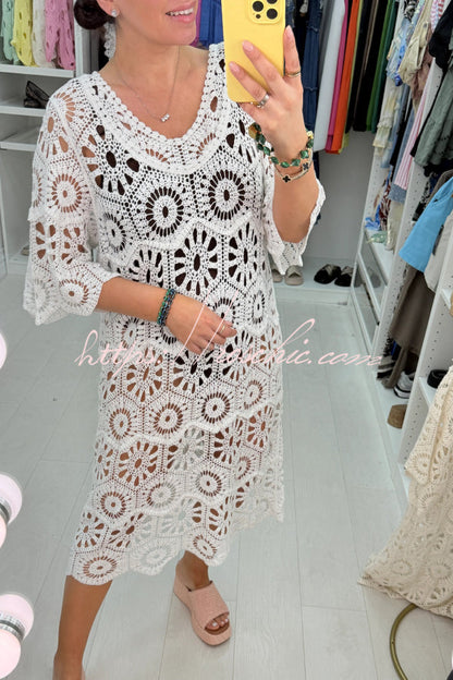 Fashionable Openwork Crochet Loose Round Neck Casual Midi Dress