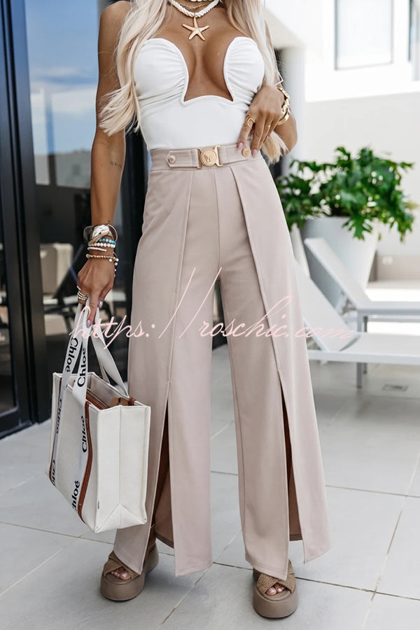 Mezcal High Rise Metal Buckle Elastic Waist Belt Slit Wide Leg Pants