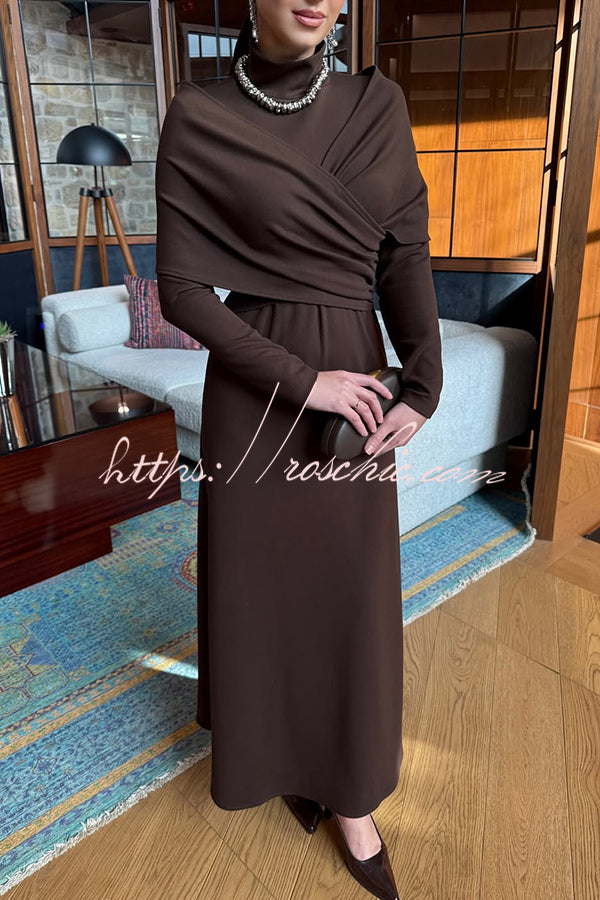 Solid Color High-neck Long-sleeved Crossover Waist Slim-fit Maxi Dress