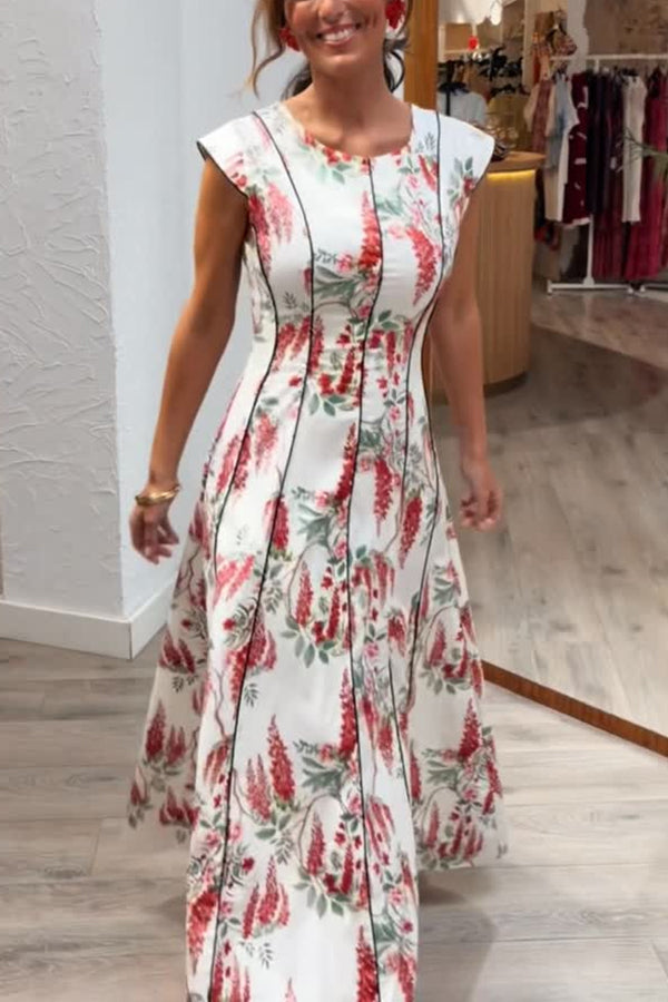 Kaydien Linen Blend Floral Print Contrast Princess Line Short Sleeve Maxi Dress