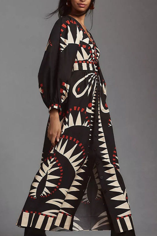 Retro Floral Long Sleeve Boho Dress
