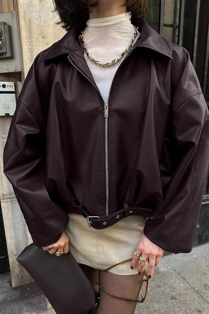 Chaqueta de cuero retro tipo biker marrón