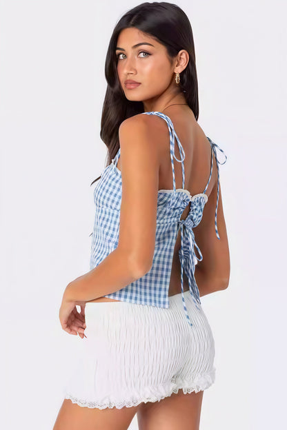 Top Cami a Cuadros con Ribete de Encaje y Espalda Atada