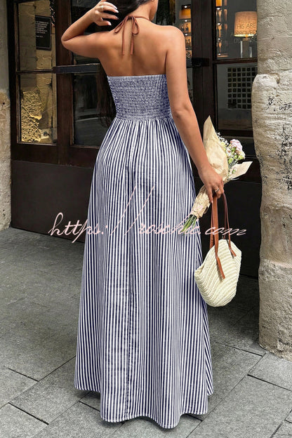Striped Print V-Neck Sleeveless Backless Holiday Maxi Dress