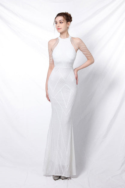 Vestido de fiesta maxi con lentejuelas, escote halter y corte de sirena