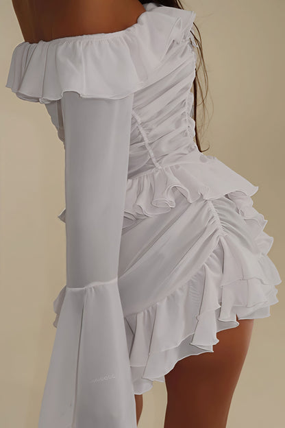 Conjunto Elegante de Falda con Volantes y Manga Larga sin Hombros