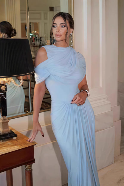 Vestido maxi elegante liso fruncido con chal