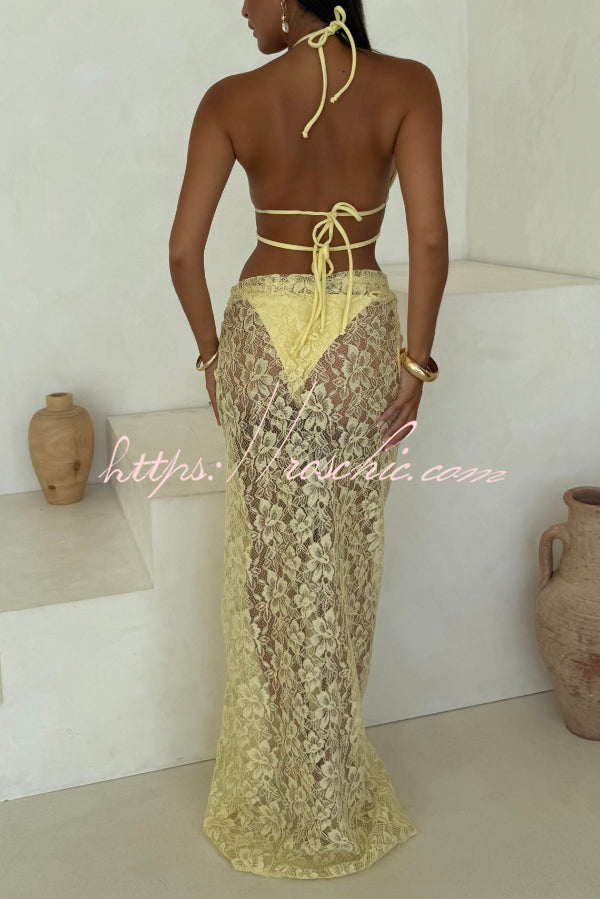 Solid Color Halter Neck Tie Stretch Two-piece Bikini Swimsuit and Sheer Lace Holiday Maxi Skirt Set