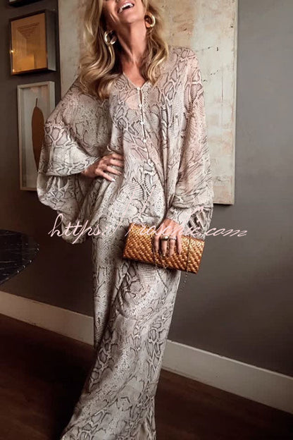 Iselle Animal Print Button Up Batwing Sleeve Shirt and Elastic Waist Wide Leg Pants Set