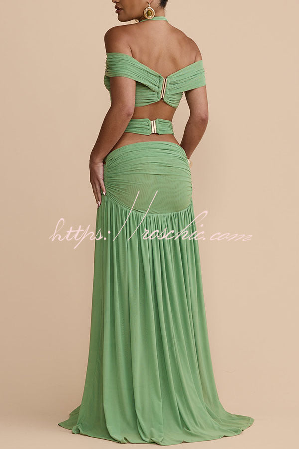 Martina Stretch Mesh Gold Metal Detail Gathered Sweetheart Crop Halter Vacation Tank