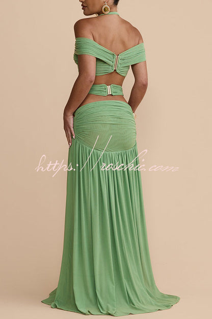 Martina Stretch Mesh Gold Metal Detail Gathered Sweetheart Crop Halter Vacation Tank