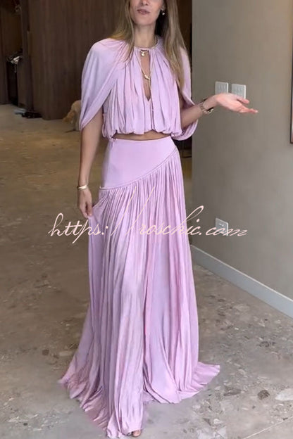 Venus Cutout Neck Slit Sleeve Crop Ruched Top and High Rise Pleated Maxi Skirt Set