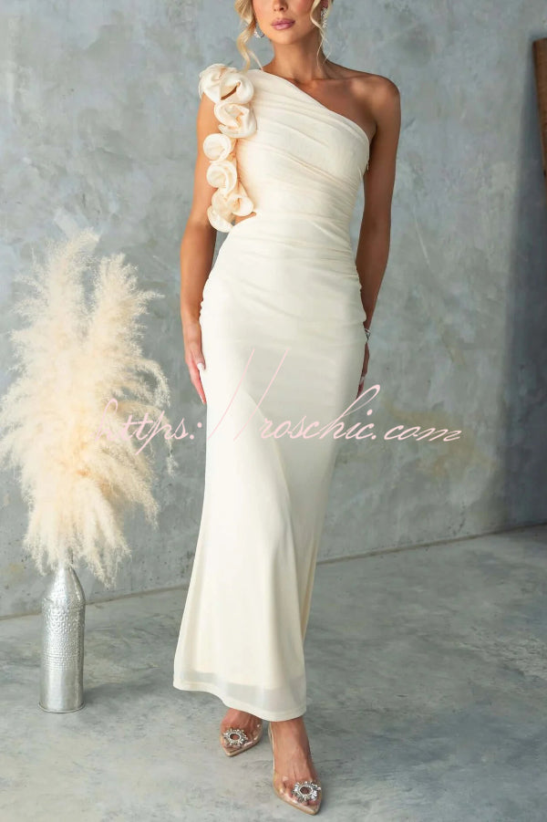Fashionable Mesh Sleeveless One-shoulder Waist-revealing Maxi Dress