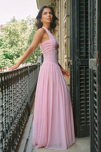 Vestido maxi de malla con cuello de pico, brida sólida y cintura deshuesada