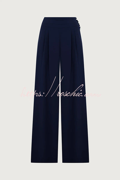 Cleo One Shoulder Irregular Balloon Sleeve Top and High Rise Pleated Button Waist Pocket Loose Pants Set