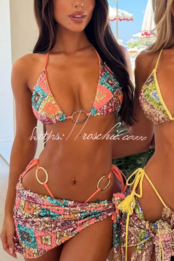 Stylish Sequined Metal Decoration Halter Neck Tie Stretch Bikini Swimsuit and Beach Cover-up Mini Skirt Three-piece Set