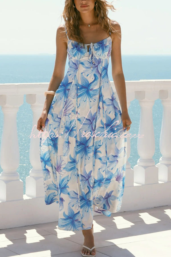 Floral Print Sleeveless Spaghetti Strap Pleated Back Vacation Maxi Dress