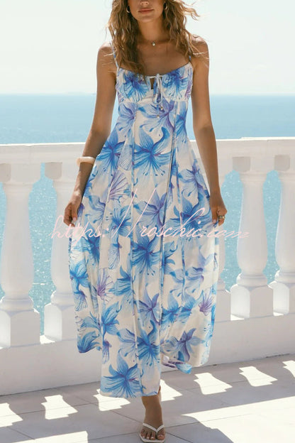 Floral Print Sleeveless Spaghetti Strap Pleated Back Vacation Maxi Dress