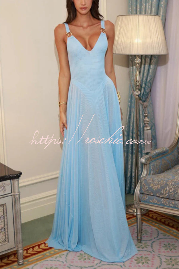 Solid Color V-neck Sleeveless Slim-fit Elegant Mesh Maxi Dress