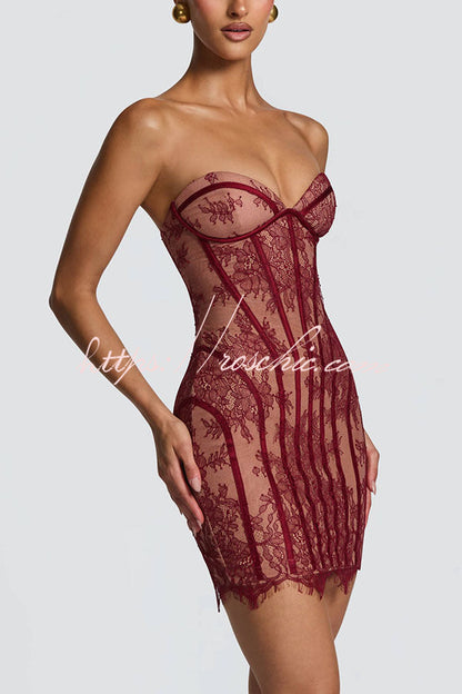Jaya Floral Lace Contrast Structural Detail Back Lace-up Strapless Slit Mini Dress