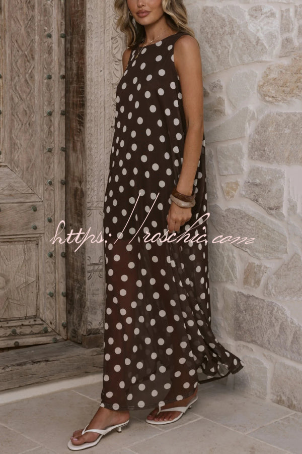 Polka Dot Print Loose Round Neck Sleeveless Mesh Casual Maxi Dress