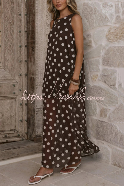 Polka Dot Print Loose Round Neck Sleeveless Mesh Casual Maxi Dress
