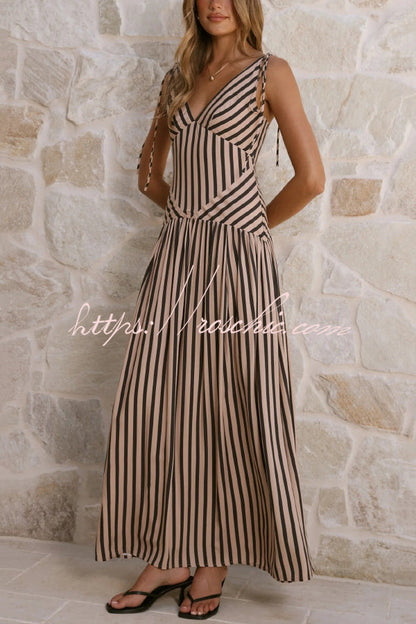 Striped Print Tie Backless Sleeveless V-Neck Elegant Maxi Dress