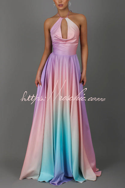Fashionable Gradient Halter Neck Backless Tie-up Elegant Full Hem Maxi Dress