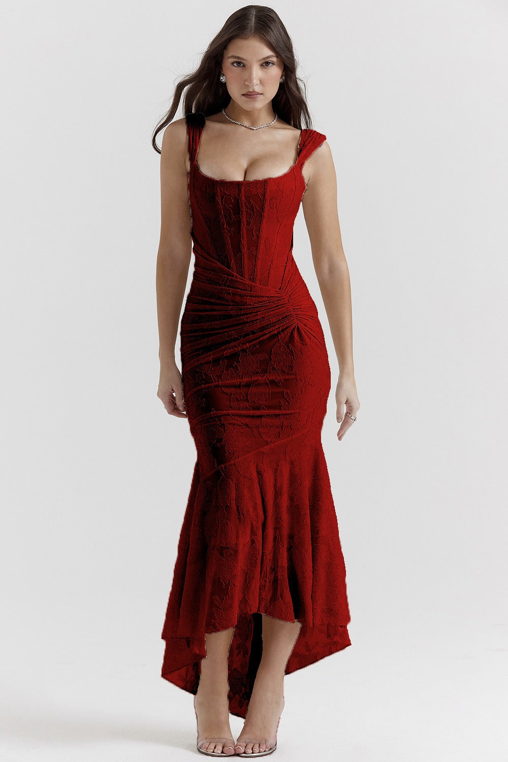 Vestido de gala de sirena de jacquard de malla elástica