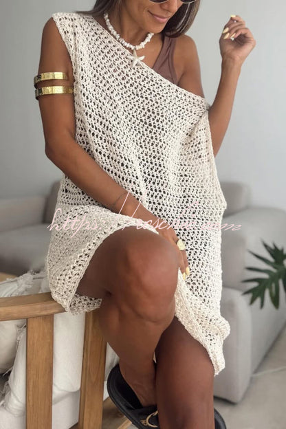 Fashionable Loose-fitting Openwork Sleeveless Casual Knitted Cover-up Mini Dress