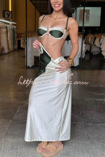 Colorblock U-Hardware Detail Straps Elastic Bikini and Cover-up Maxi Dress Three-piece Set