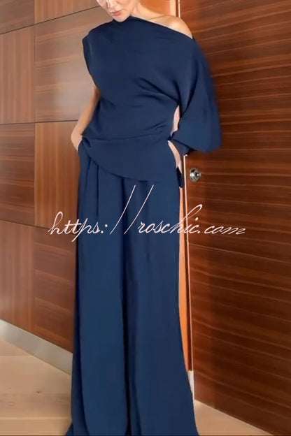 Cleo One Shoulder Irregular Balloon Sleeve Top and High Rise Pleated Button Waist Pocket Loose Pants Set
