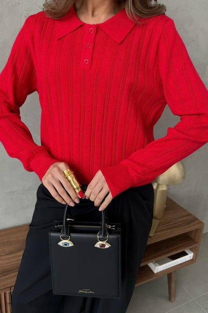 Blusa holgada de manga larga con cuello polo jacquard