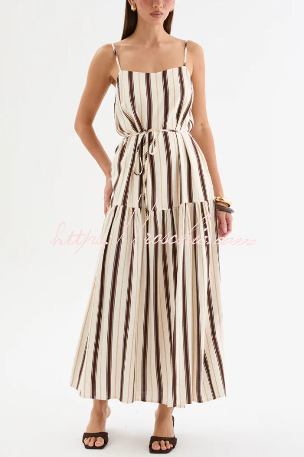 Striped Printed Spaghetti Strap Sleeveless Tie-up Casual Vacation Maxi Dress