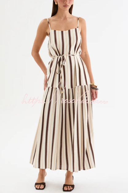 Striped Printed Spaghetti Strap Sleeveless Tie-up Casual Vacation Maxi Dress