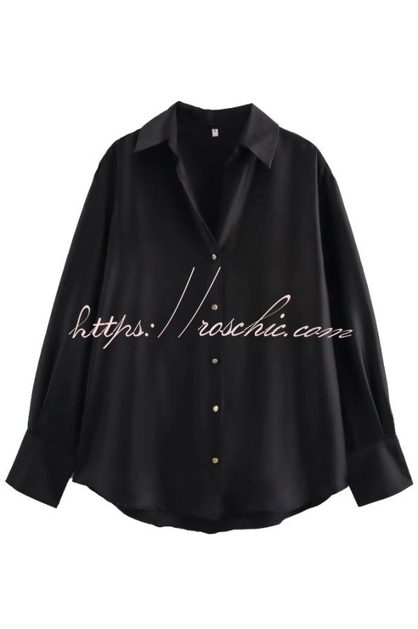 Solid Color Silk Satin Texture Single-breasted Long-sleeved Loose Shirt