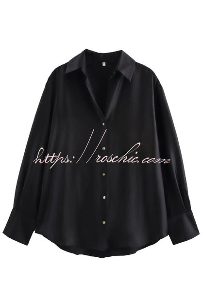 Solid Color Silk Satin Texture Single-breasted Long-sleeved Loose Shirt