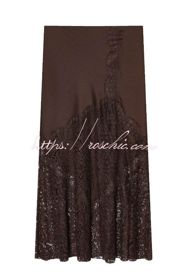 Solid Color Silk Satin and Lace Spliced elegant Maxi Skirt