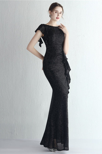 Vestido de gala de sirena con purpurina, cuello alto y abertura