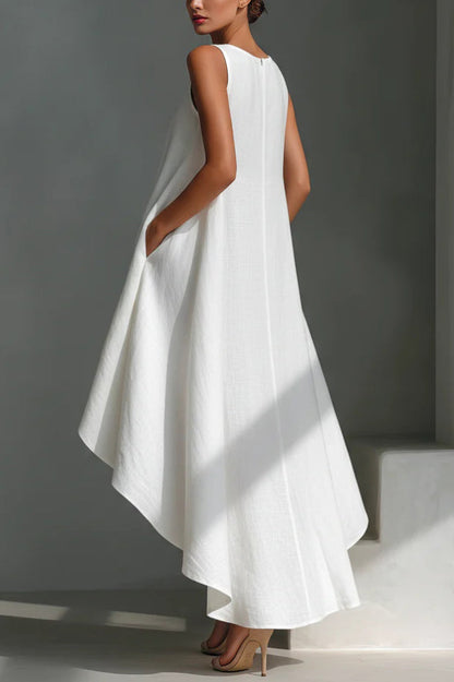 Linen Blend Solid Color Sleeveless Round Neck Irregular Casual Maxi Dress