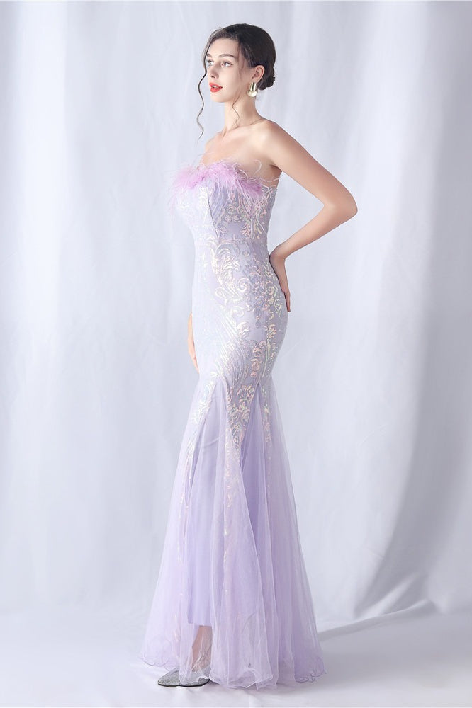 Vestido de Noche con Lentejuelas y Plumas de Avestruz