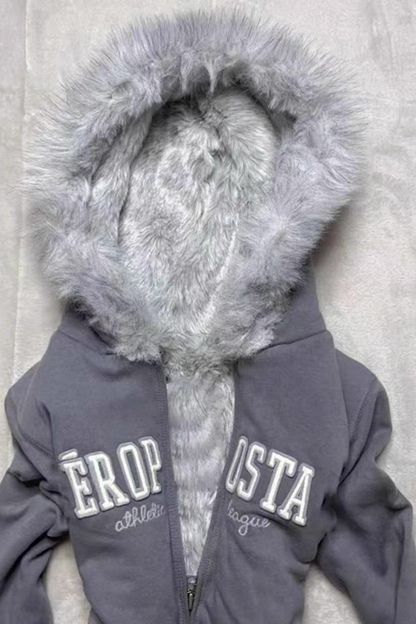 Vintage Grey Fleece Lined American Retro Stylish Hoodie