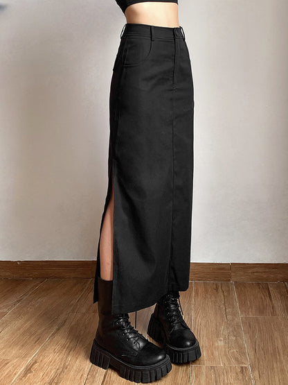 Simple Black Split  Slim Light Cool Feminine Charm Skirt