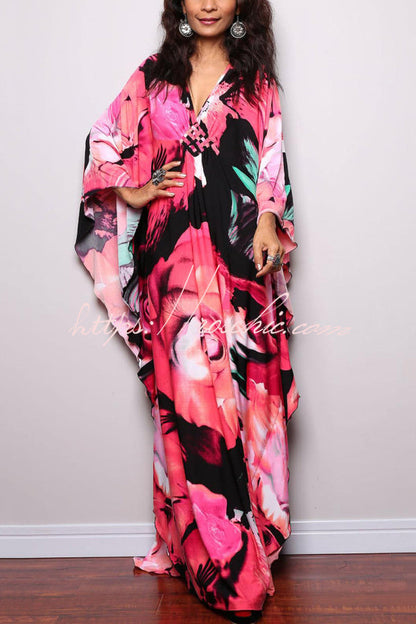 Unique Print Loose V-Neck Batwing Sleeve Casual Maxi Dress
