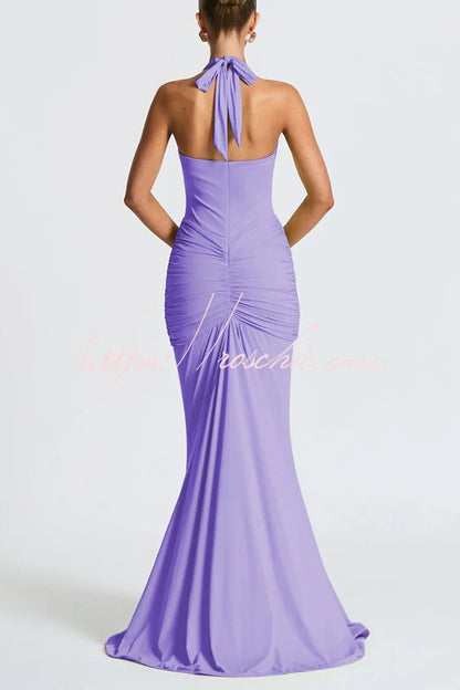 Solid Color Elegant Halterneck V-neck Open Back Tie Gathered Maxi Dress