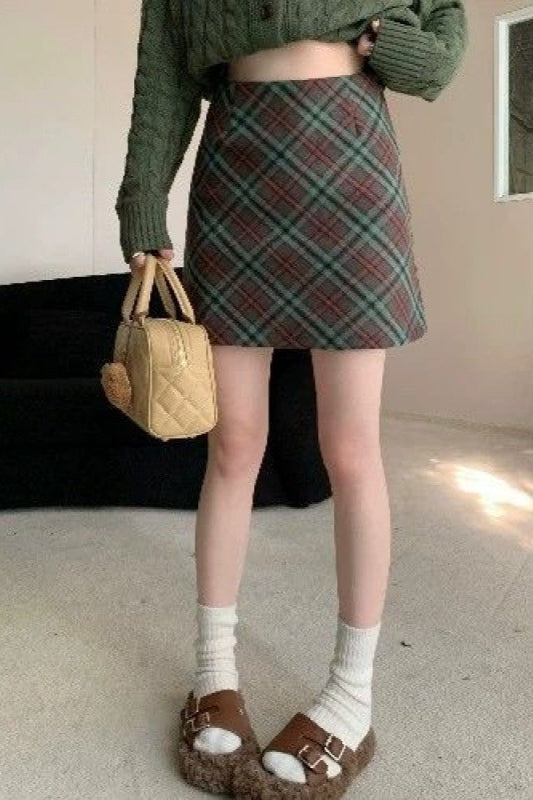 Falda Corta Ajustada de Talle Alto Vintage de Tweed a Cuadros
