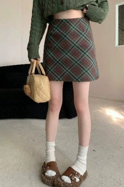 Falda Corta Ajustada de Talle Alto Vintage de Tweed a Cuadros
