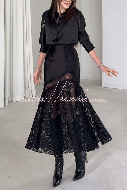 Solid Color Silk Satin and Lace Spliced elegant Maxi Skirt
