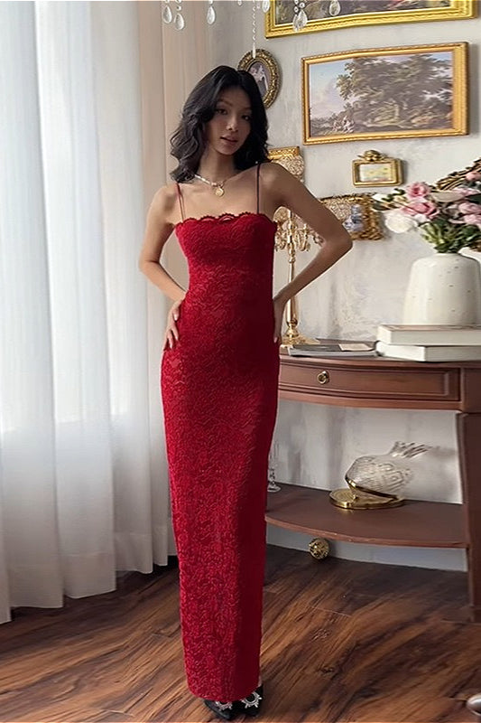 Vestido Maxi Delgado Sexy con Recortes de Encaje y Tirantes Finos